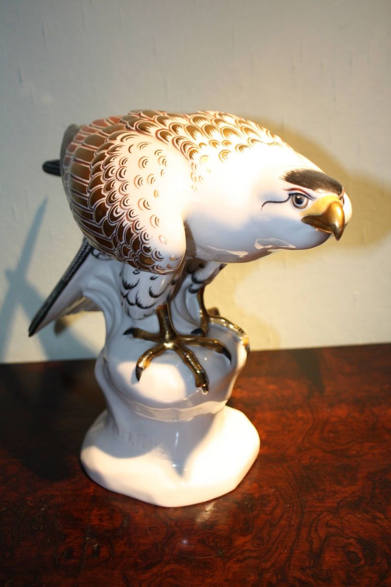 A unique German 1930's painted porcelain statue of an eagle, marked 'Heubach, Modell Fraureuth'