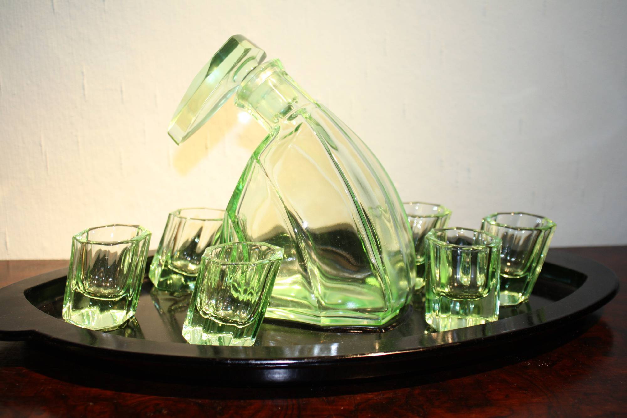 A vintage Art Déco design light green glass liquor carafe pitcher, 6