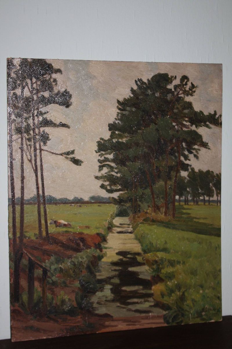 North German landscape, early 20th century signed painting, oil on board, Wilhelm Bartsch