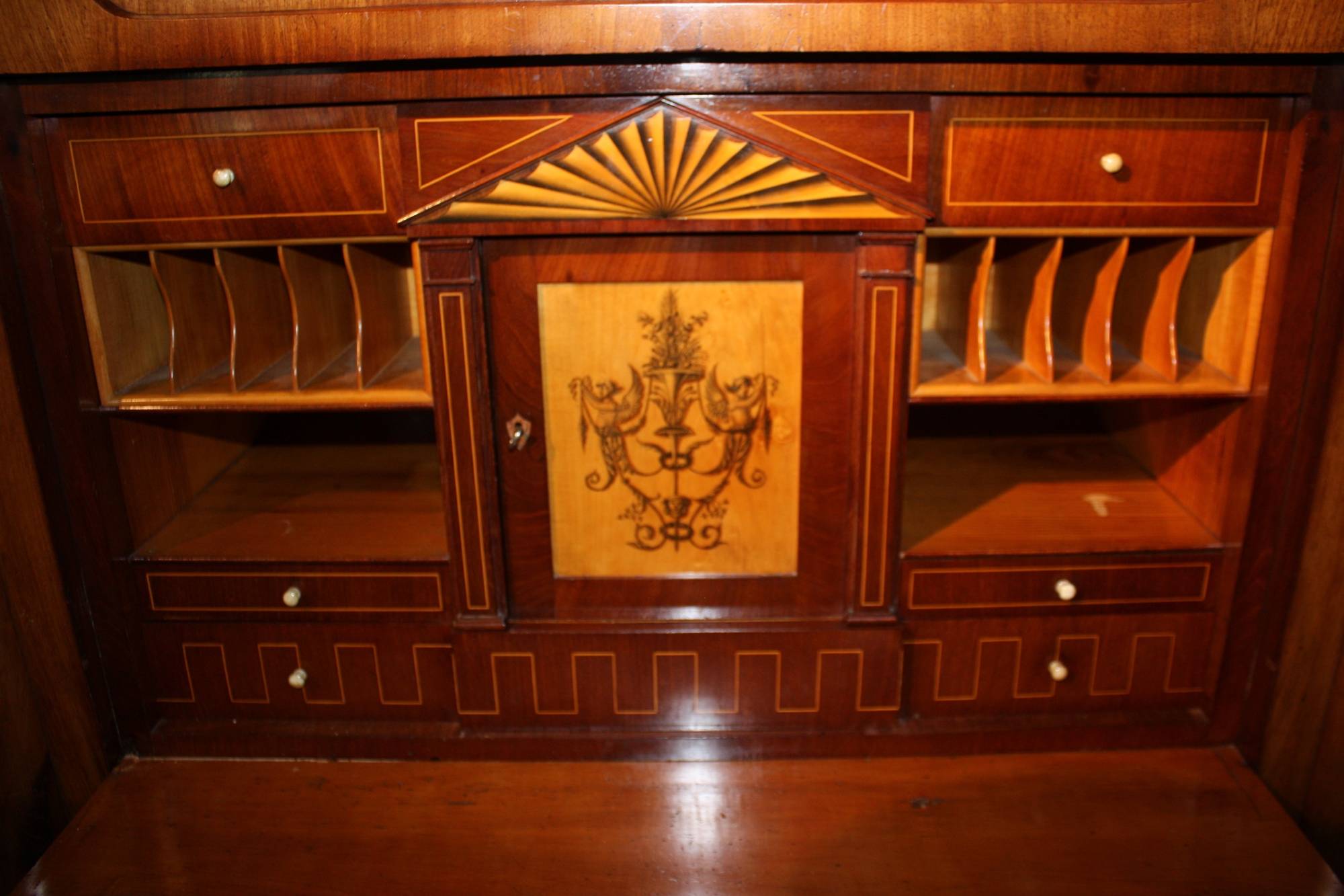 Antique German 1820's Empire style two-part cherry wood veneer bureau secretary desk