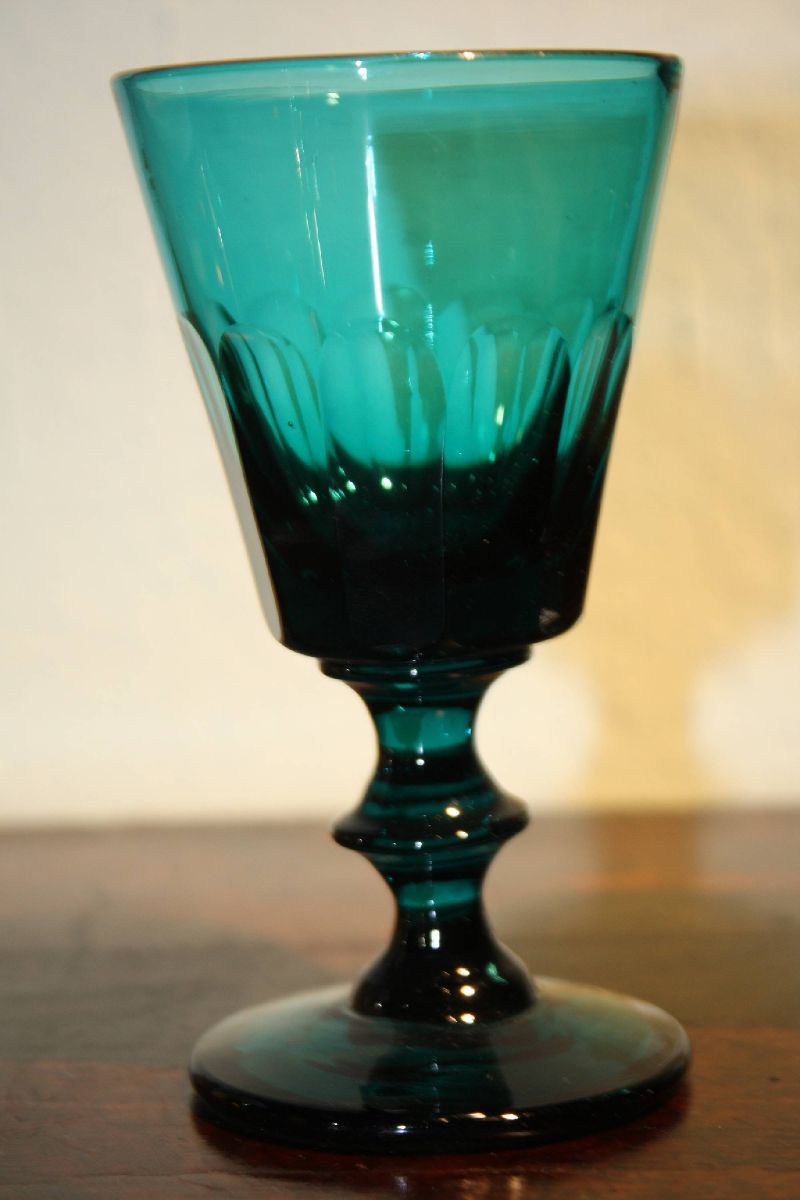 Four antique 19th century russian-green (petrol) crystal wine glasses