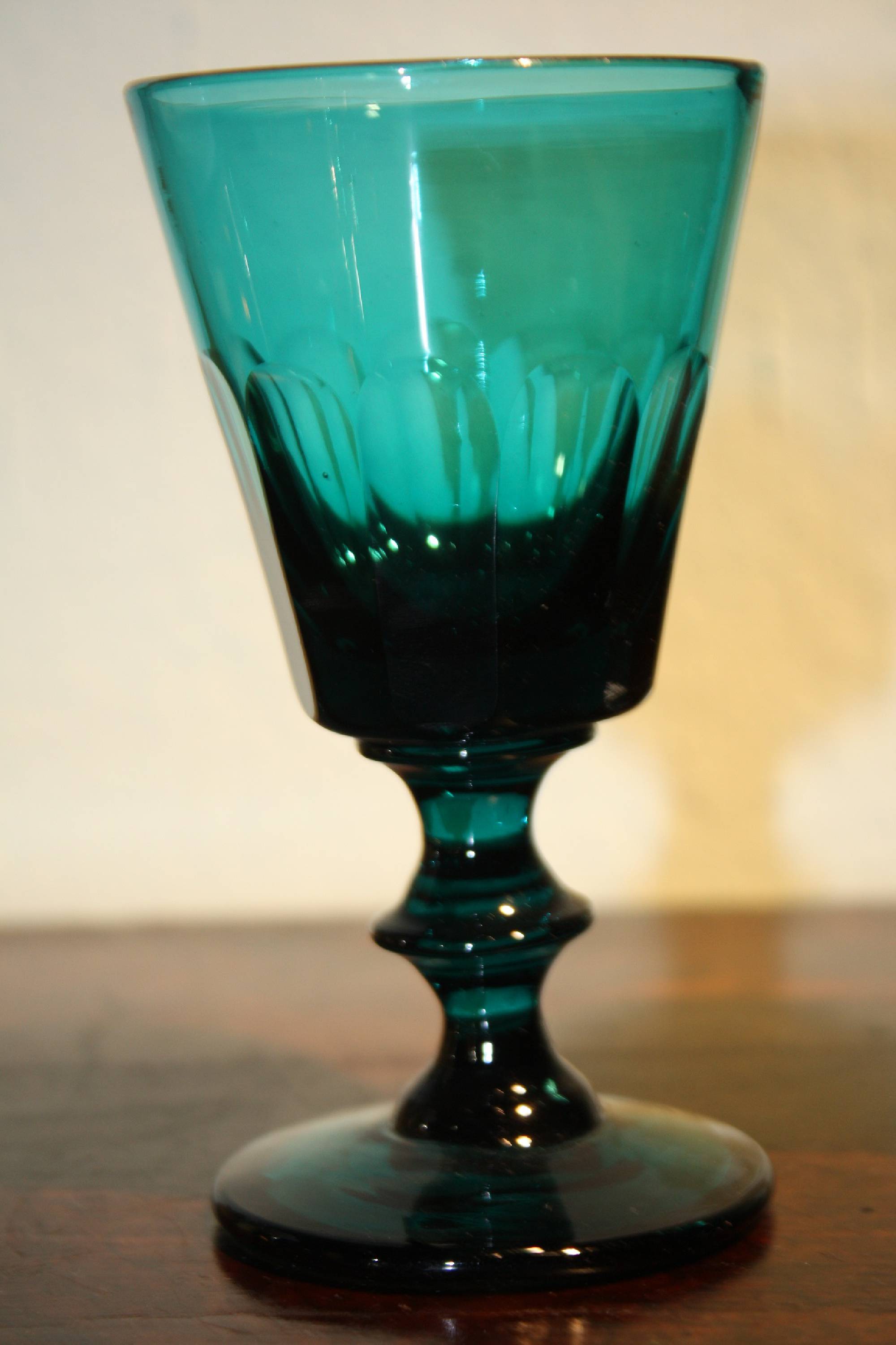 Four antique 19th century russian-green (petrol) crystal wine glasses