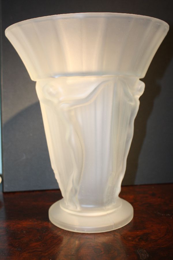 A French Art Nouveau opalescent frosted glass vase with three female dancers