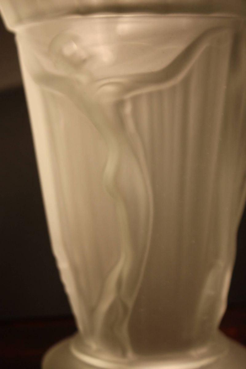 A big 1920 French Art Nouveau opalescent frosted glass vase with three female dancers