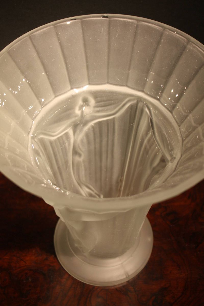 A big 1920 French Art Nouveau opalescent frosted glass vase with three female dancers