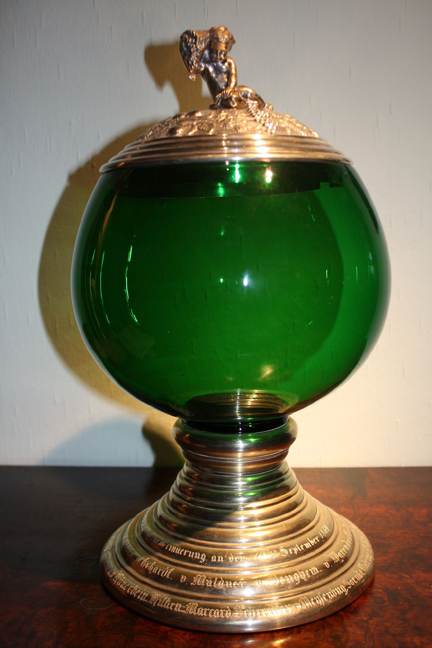 Large antique Mid-19th century 925 silver foot and lid, green glass bowl, bowle pot with engravings