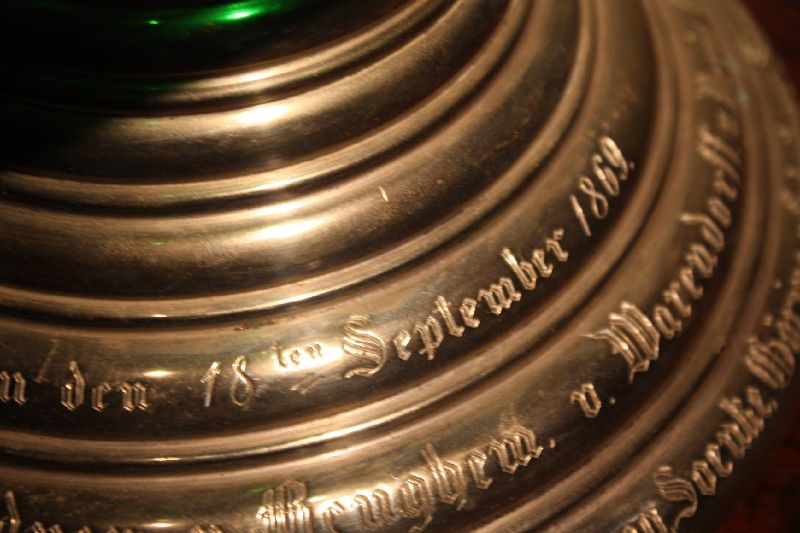 Large antique Mid-19th century 925 silver foot and lid, green glass bowl, bowle pot with engravings