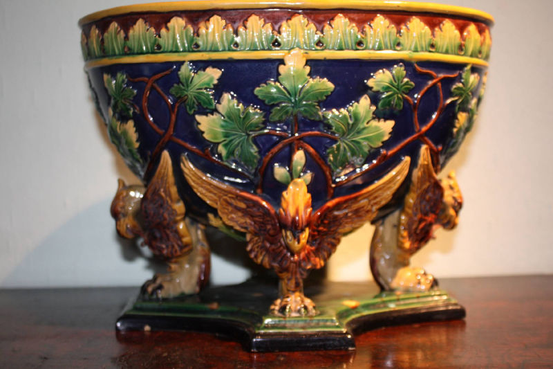 A big late 19th century polychrome figurative majolica planter stoneware cachepot, marked