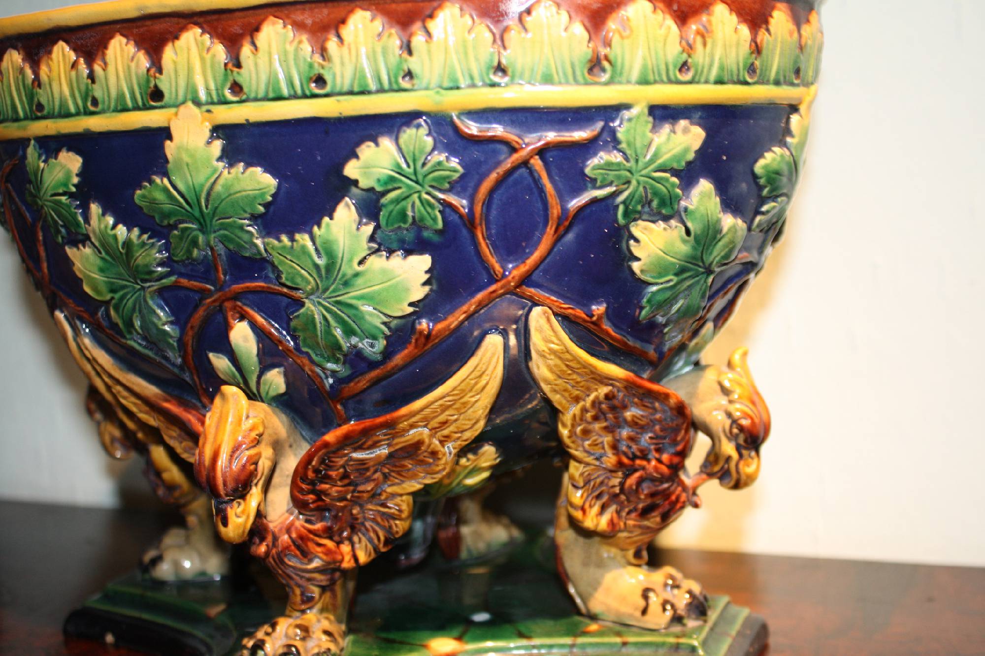 A big late 19th century polychrome figurative majolica planter stoneware cachepot, marked