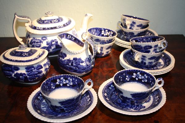 A blue and white tea/coffee serving set service by Copeland, Spode's Tower