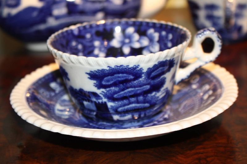 A blue and white tea/coffee serving set service by Copeland, Spode's Tower