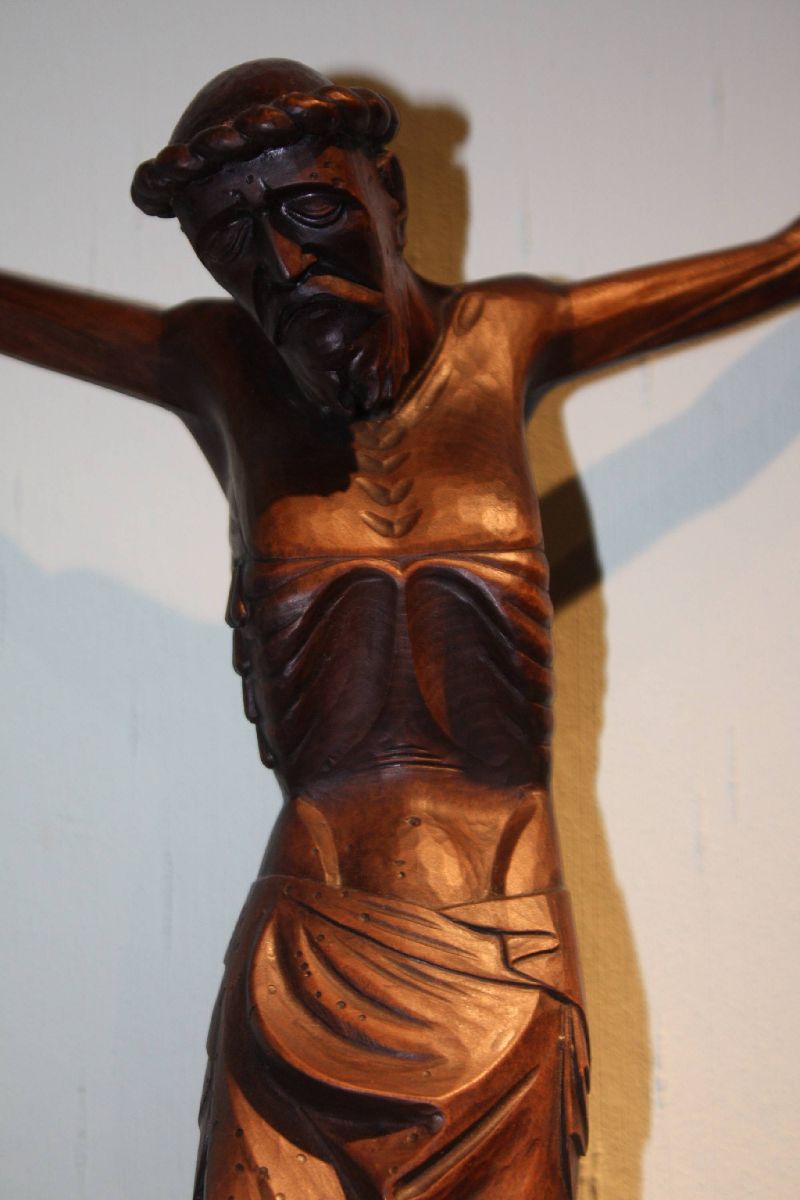A vintage 1920's carved wooden Jesus Christ cross sculpture, signed 'F. T.'