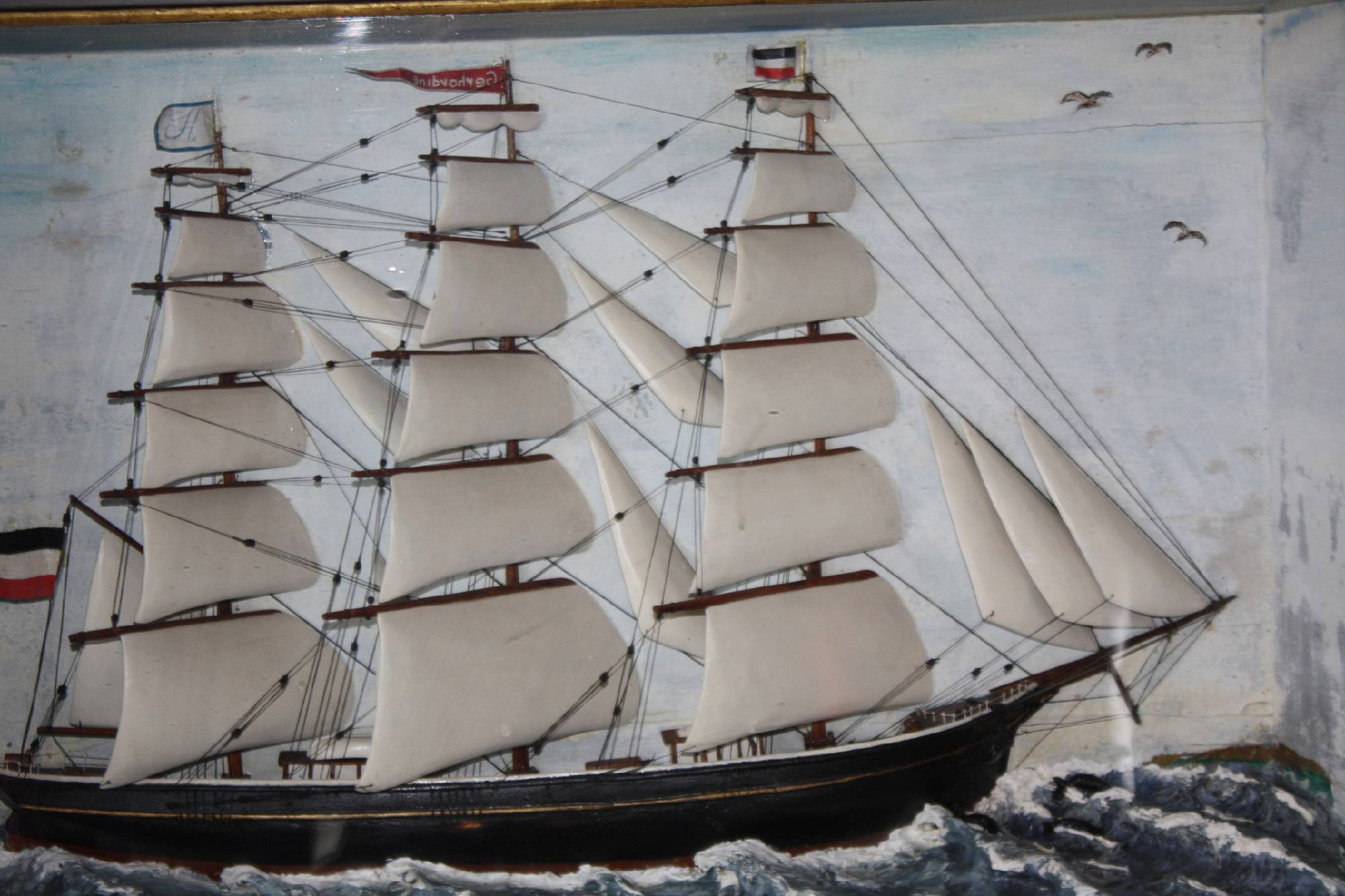 Antique vivid 1900 wooden half model diorama of a German three mast bark sailing ship, called 'Gerhardine'