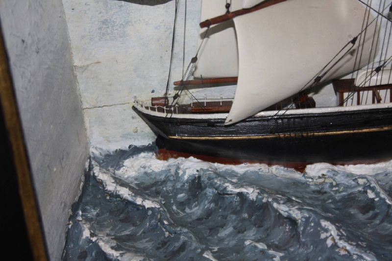 Antique vivid 1900 wooden half model diorama of a German three mast bark sailing ship, called 'Gerhardine'