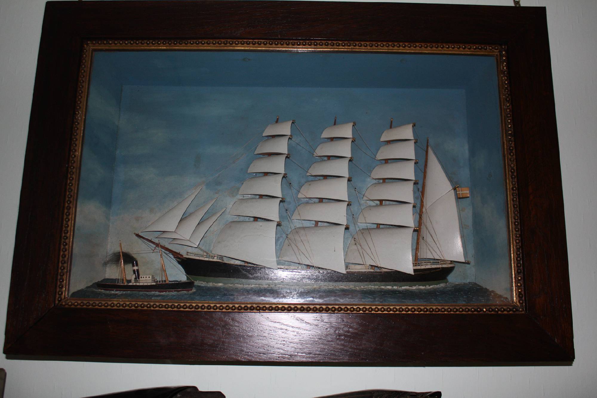 Antique wooden 1900 three mast sailing ship half model diorama, front glass display, ship with danish flag