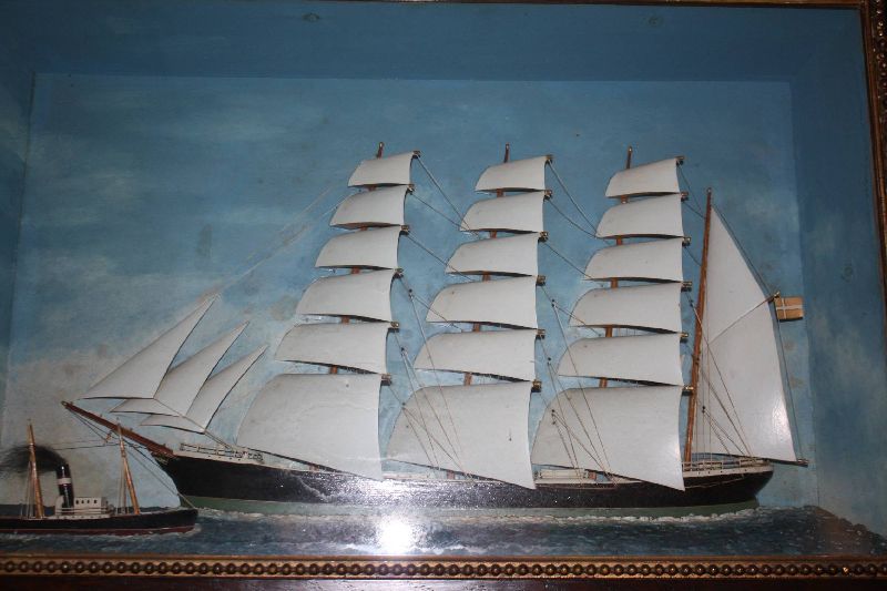 Antique wooden 1900 three mast sailing ship half model diorama, front glass display, ship with danish flag