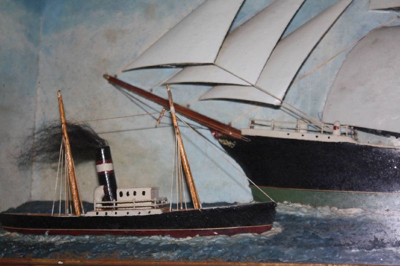 Antique wooden 1900 three mast sailing ship half model diorama, front glass display, ship with danish flag