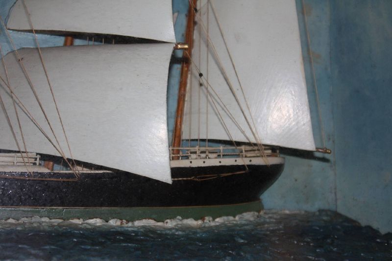 Antique wooden 1900 three mast sailing ship half model diorama, front glass display, ship with danish flag
