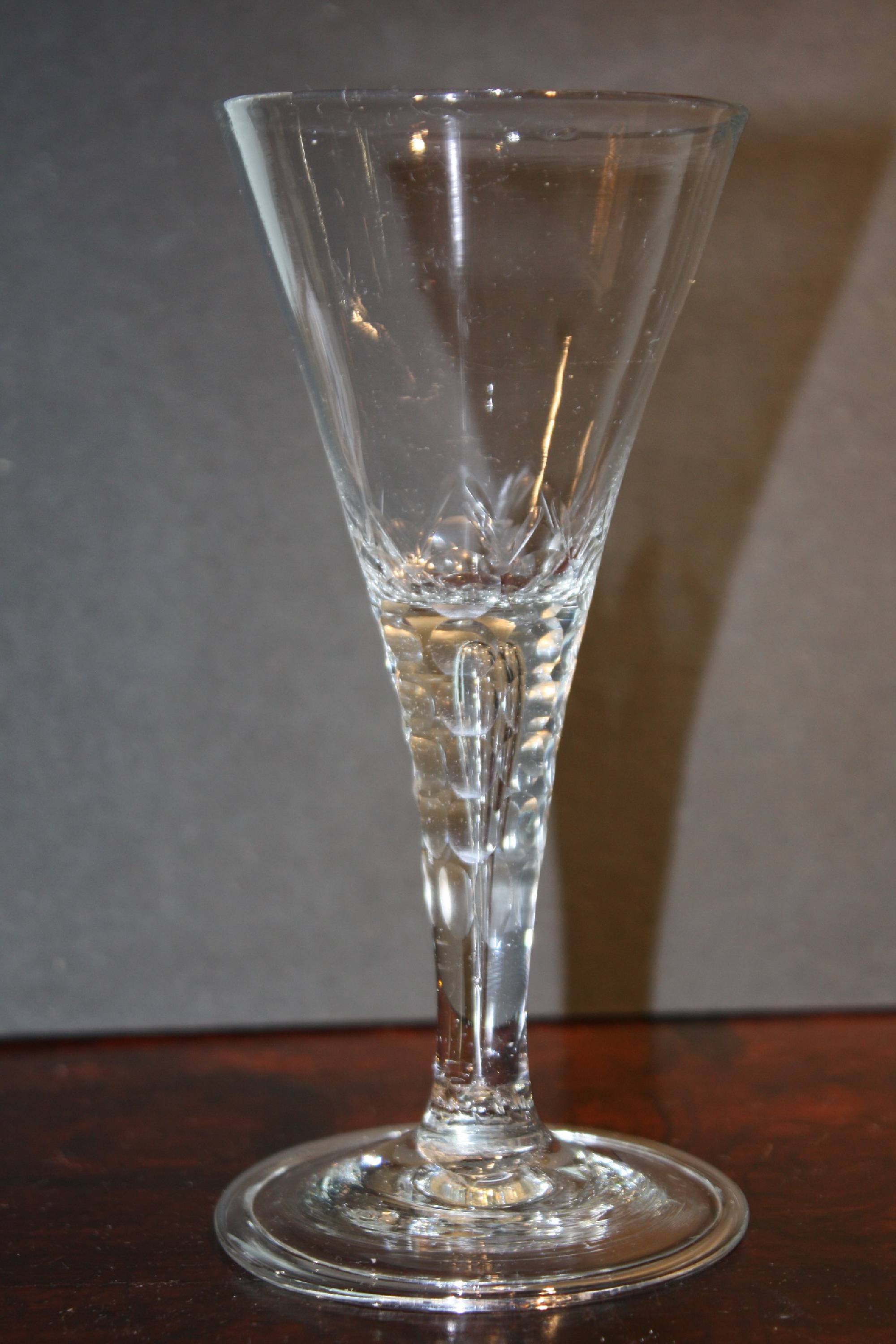 Antique European 18th century bubble stem goblet wine glass with folded foot