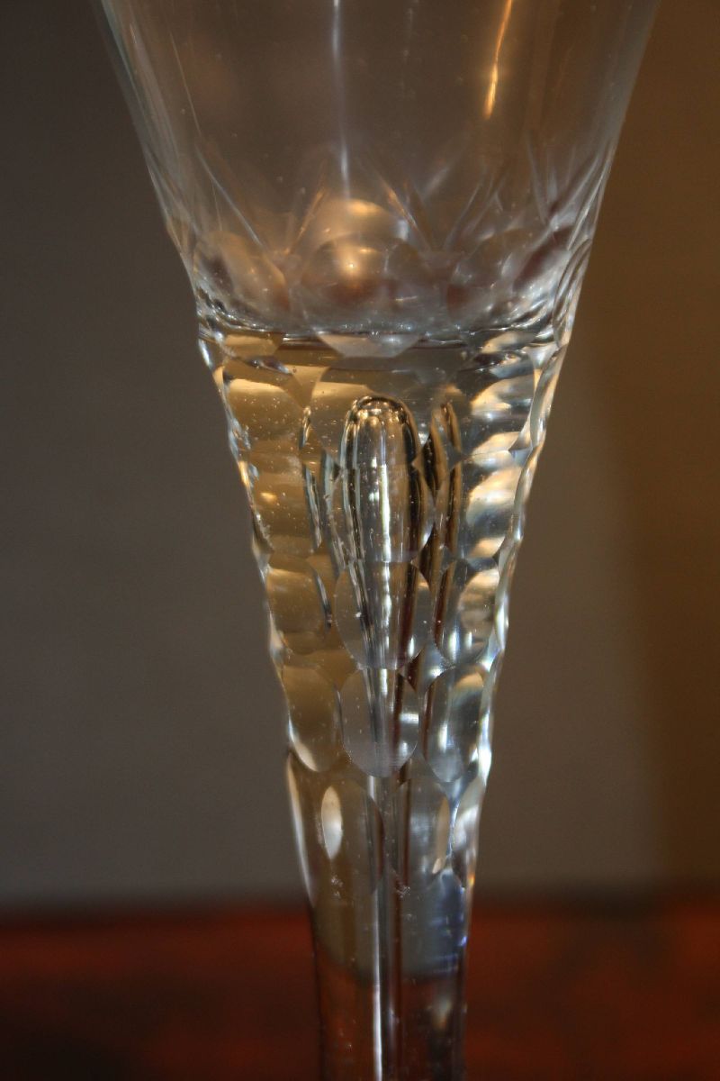 Antique European 18th century bubble stem goblet wine glass with folded foot