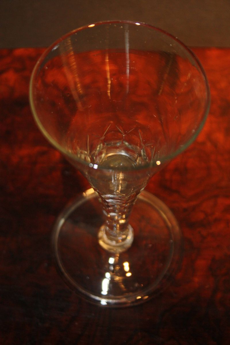 Antique European 18th century bubble stem goblet wine glass with folded foot
