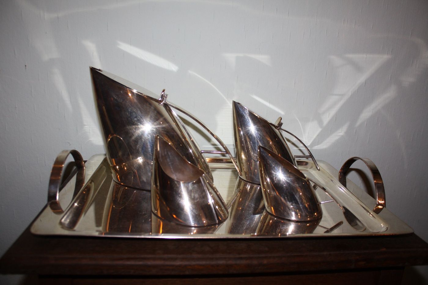 Italian Mid-1990's design silver plated metal Tea and Coffee Set and tray plate by Fala Argenteria, Italy  Height: Coffee Pot: 20 cm, Tea Pot: 15 cm