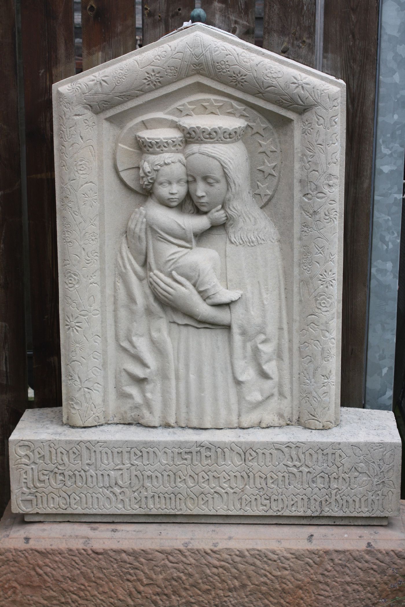 A big 1930's hand-made signed figural sandstone grave stone Virgin Mary with baby Jesus by Bernhard Heller (1878-1937)