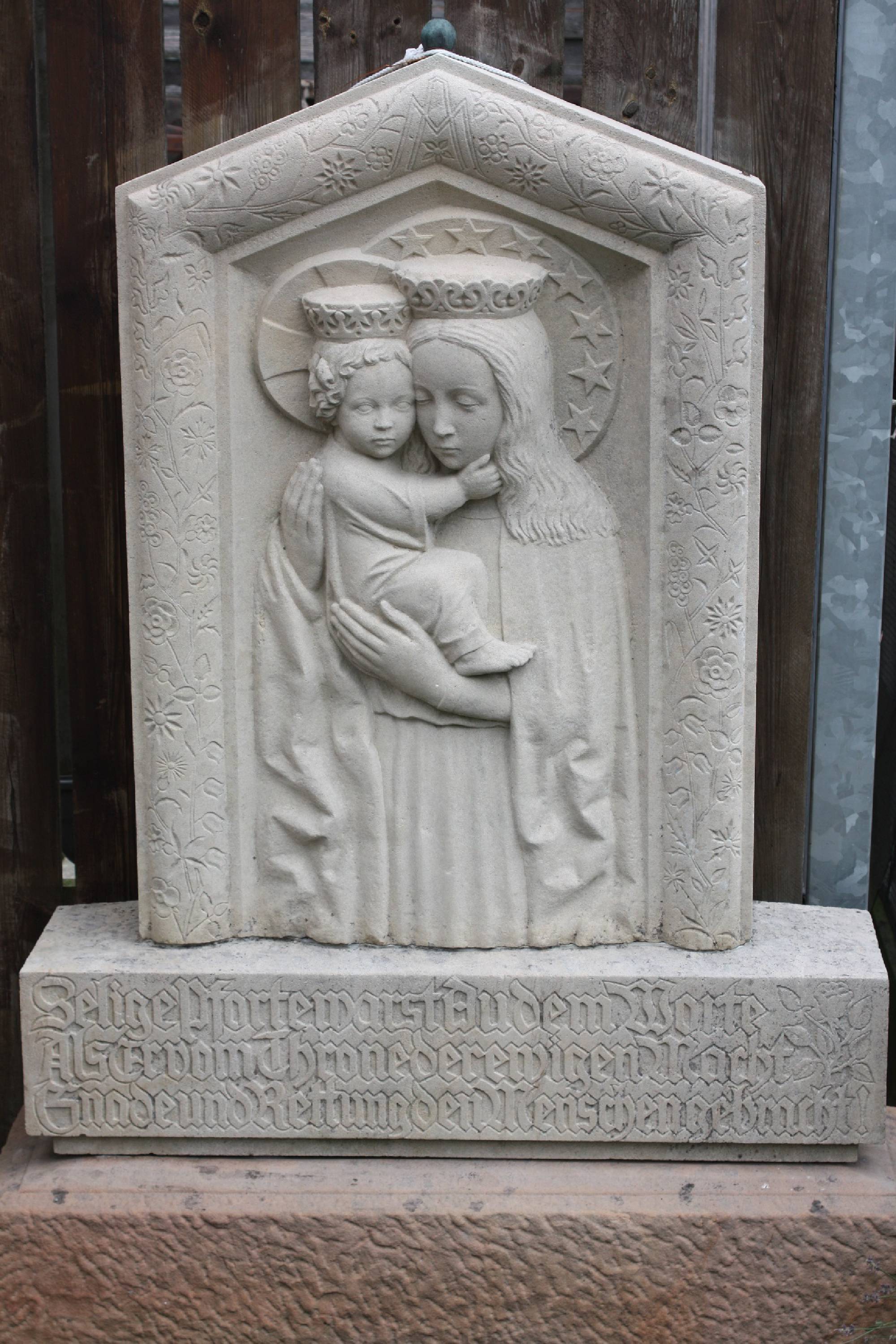 A big 1930's hand-made signed figural sandstone grave stone Virgin Mary with baby Jesus by Bernhard Heller (1878-1937)
