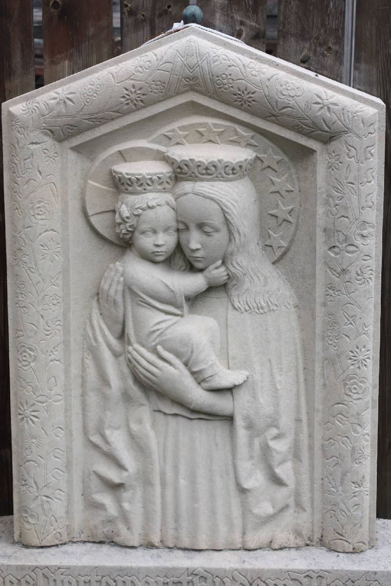 A big 1930's hand-made signed figural sandstone grave stone Virgin Mary with baby Jesus by Bernhard Heller (1878-1937)