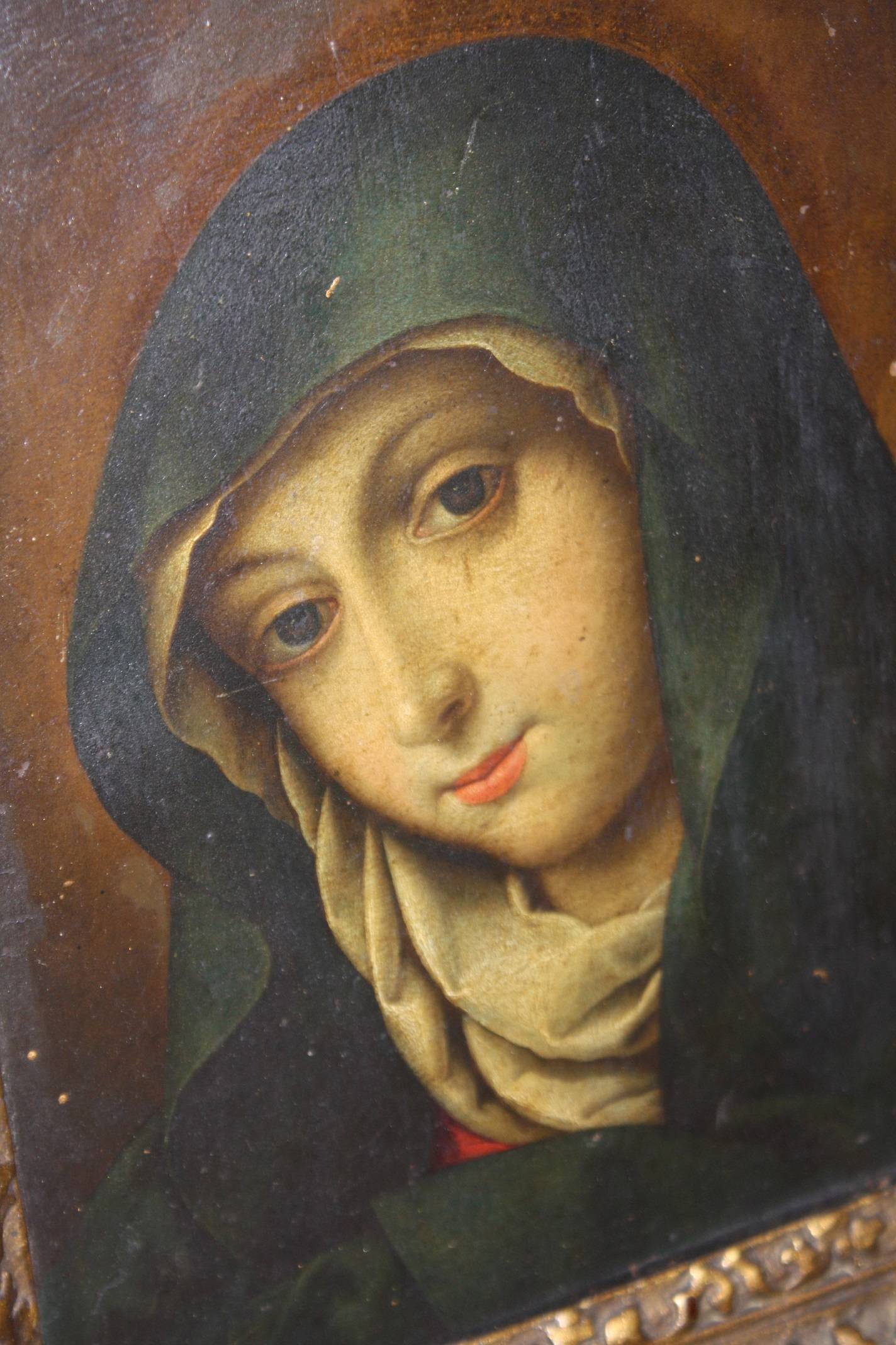 A small antique early 18th century portrait of St. Hildegard of Bingen, oil on copper painting