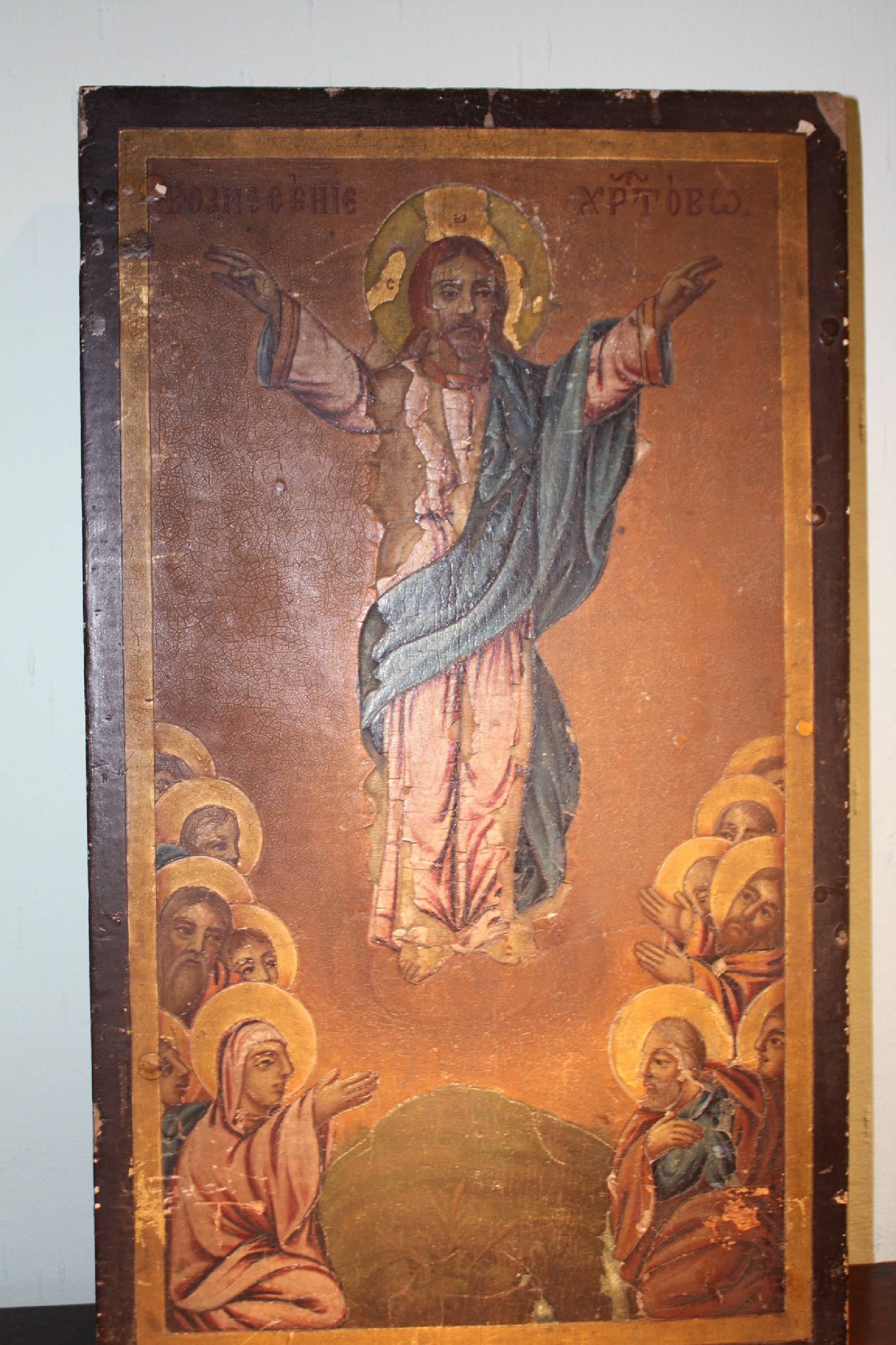 Antique Russian 19th century icon showing the ascension of Jesus Christ