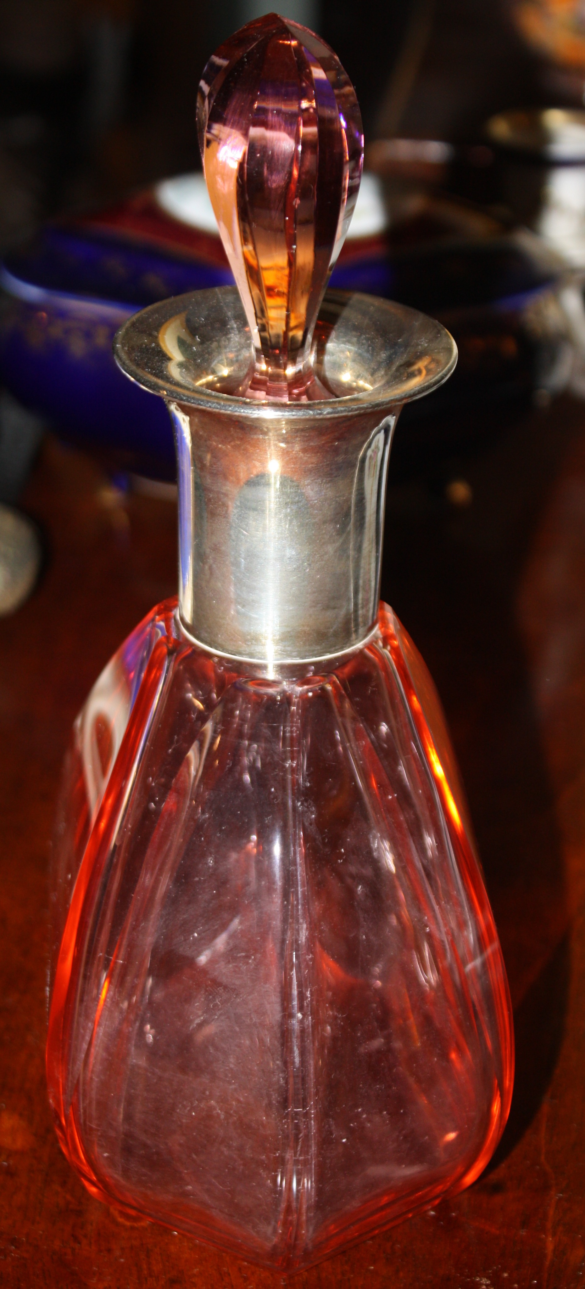 A vintage pink edged glass WMF Art Déco liquor carafe pitcher with metal application