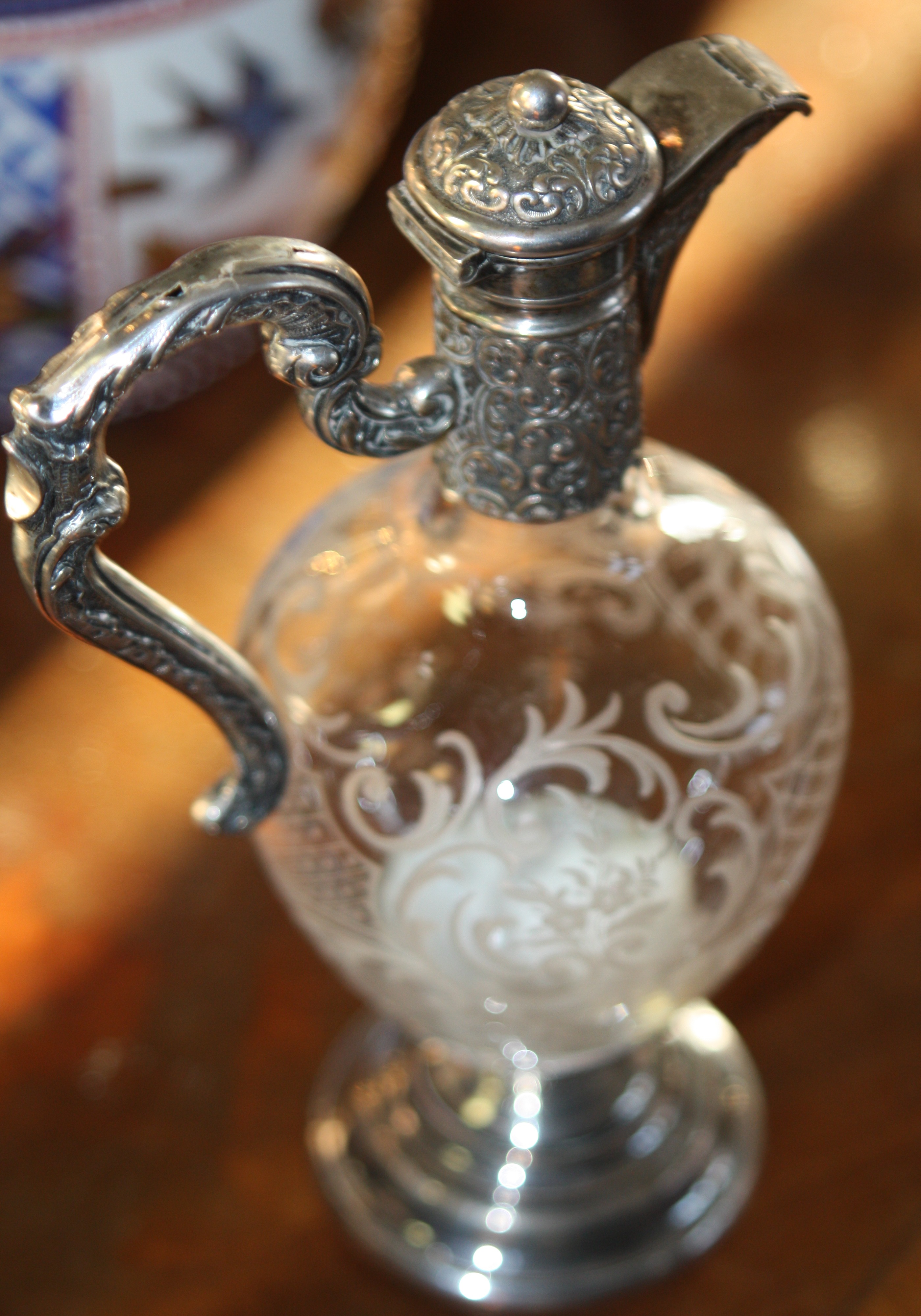 A 19th century wine caraffe, etched glass with silver applications, marked, Height: ~20 cm