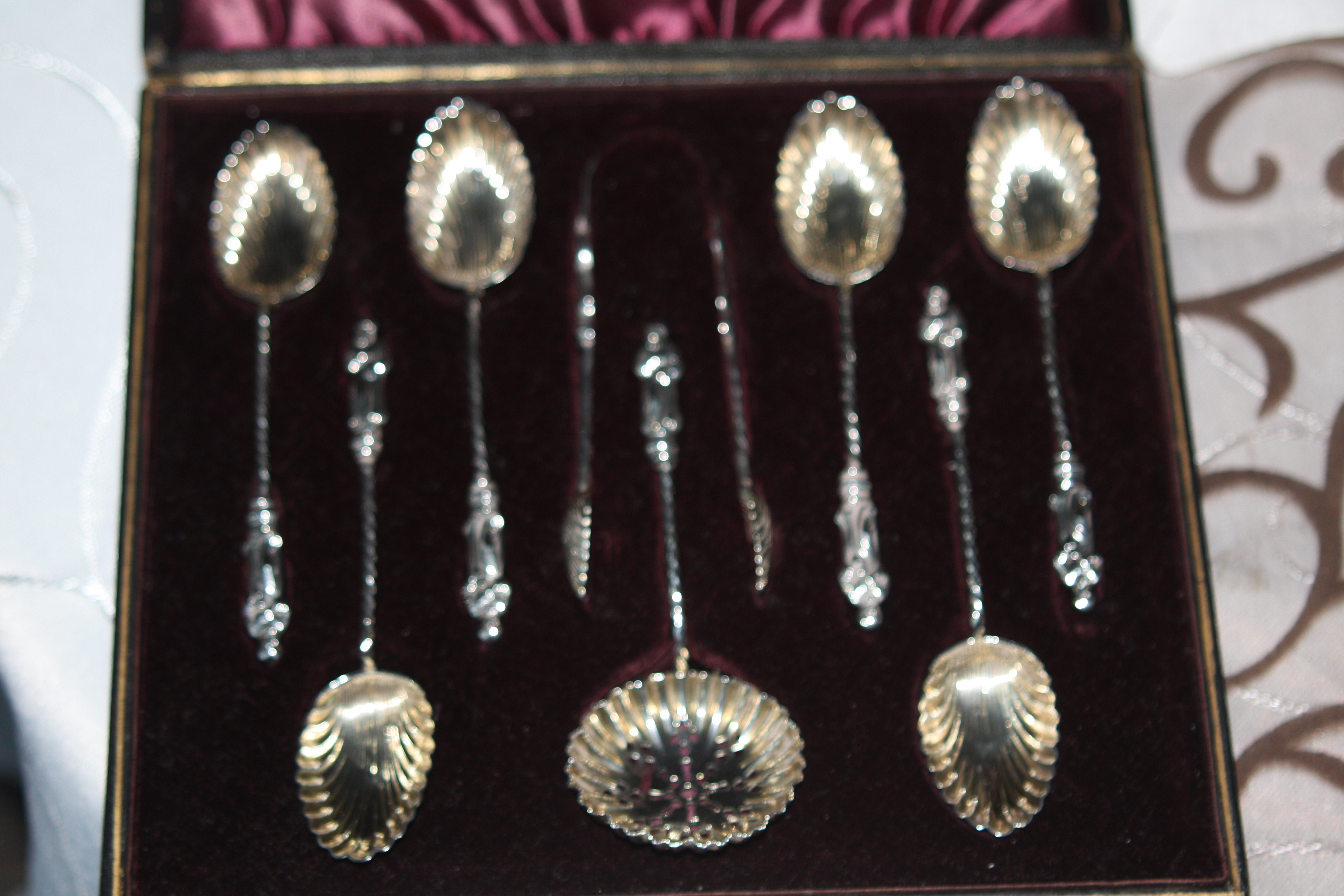 6 solid silver Apostle Tea- Coffee Spoons with cream spoon and candy tong