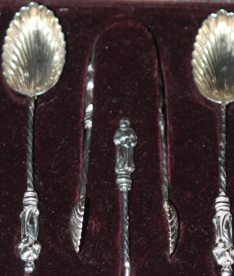 6 solid silver Apostle Tea- Coffee Spoons with cream spoon and candy tong