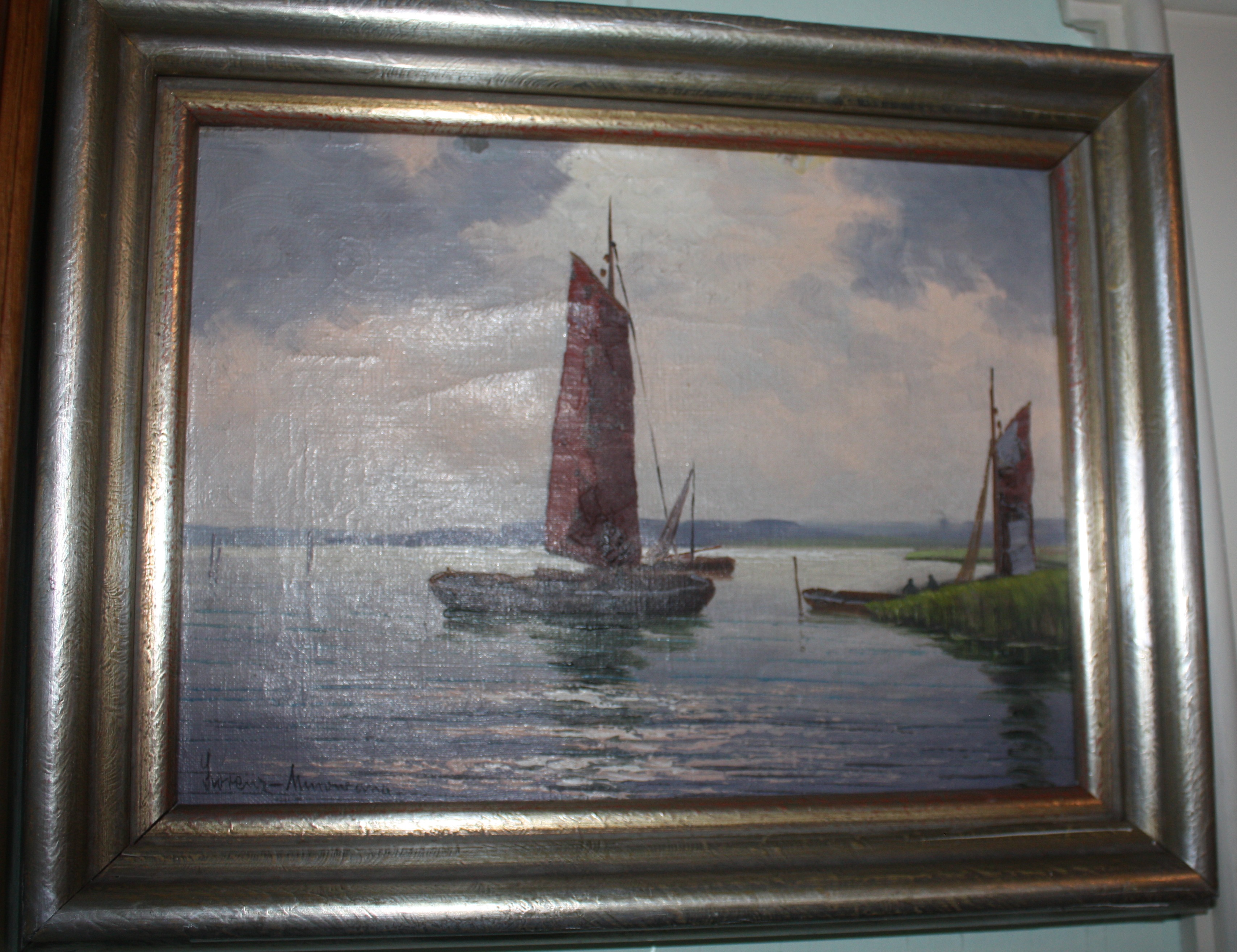 A small antique 1900 coastal landscape painting Lorenz-Murowana