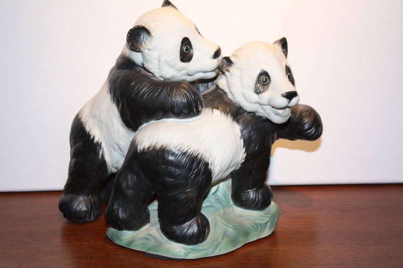 An East-German Mid-20th century porcelain figurine of 2 playing young pandas, made by Karl Ens, Volkstedt Height:  8.27'' (21 cm)