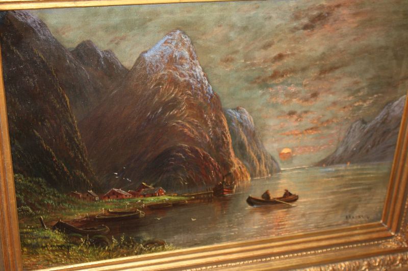 A huge fjord norwegian landscape under moon light, oil on canvas, painting by Oskar Larsen