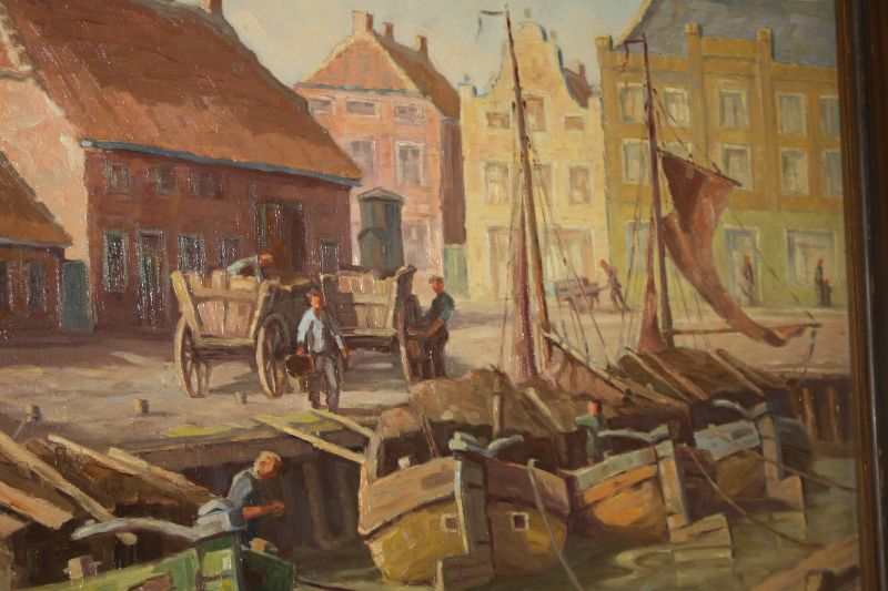 A huge German 20th century small town (Weener) harbour scene oil painting by Karl Freede