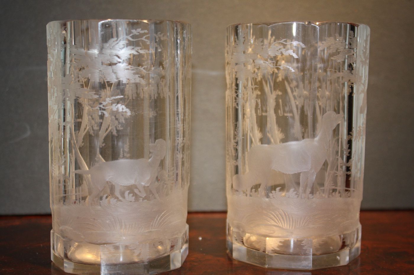 2 antique 1870's bohemian etched engraved hunting scene deer beaker