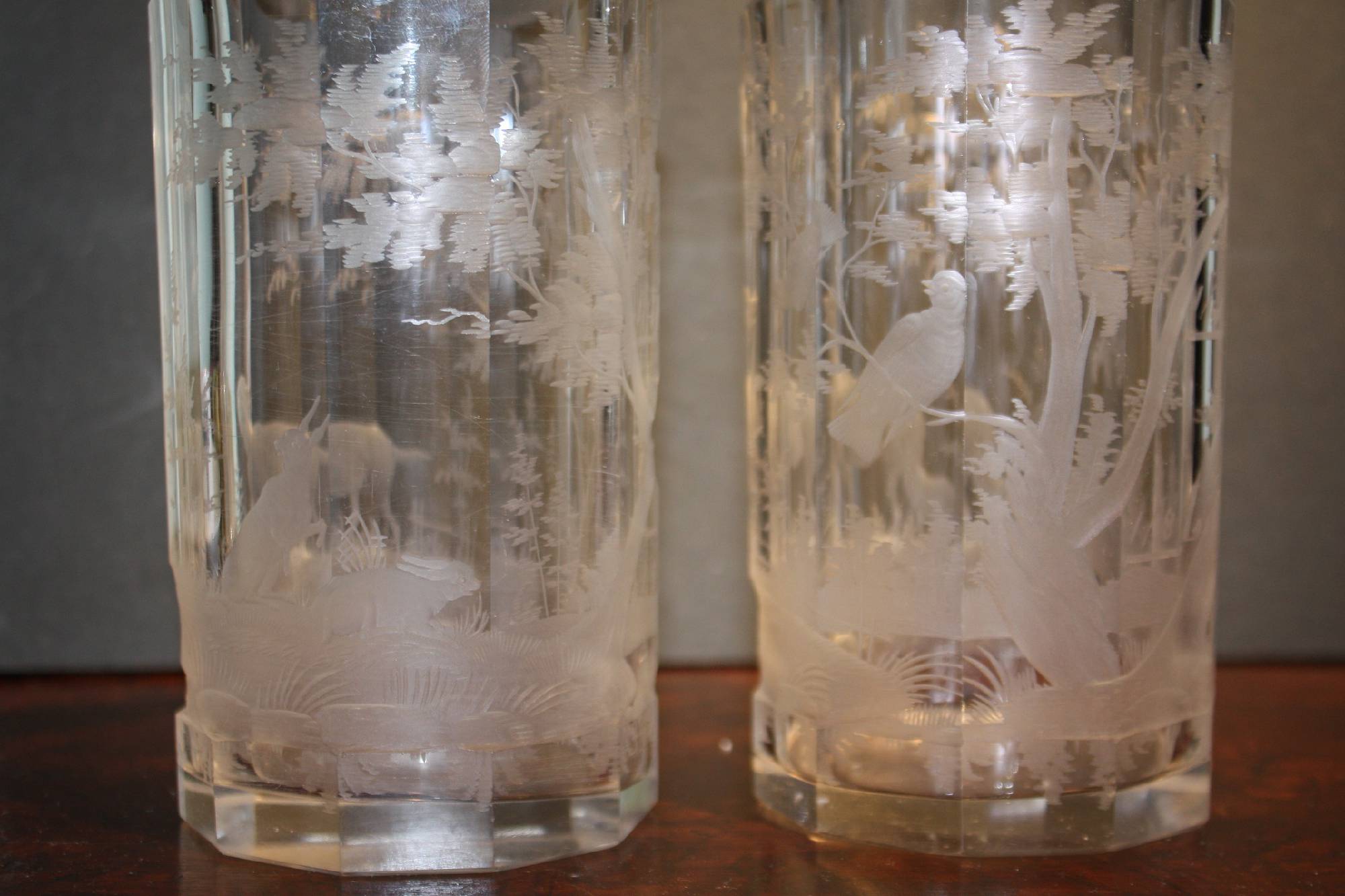 2 antique 1870's bohemian etched engraved hunting scene deer beaker