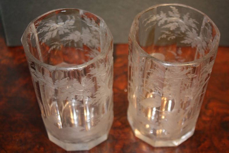 2 antique 1870's bohemian etched engraved hunting scene deer beaker