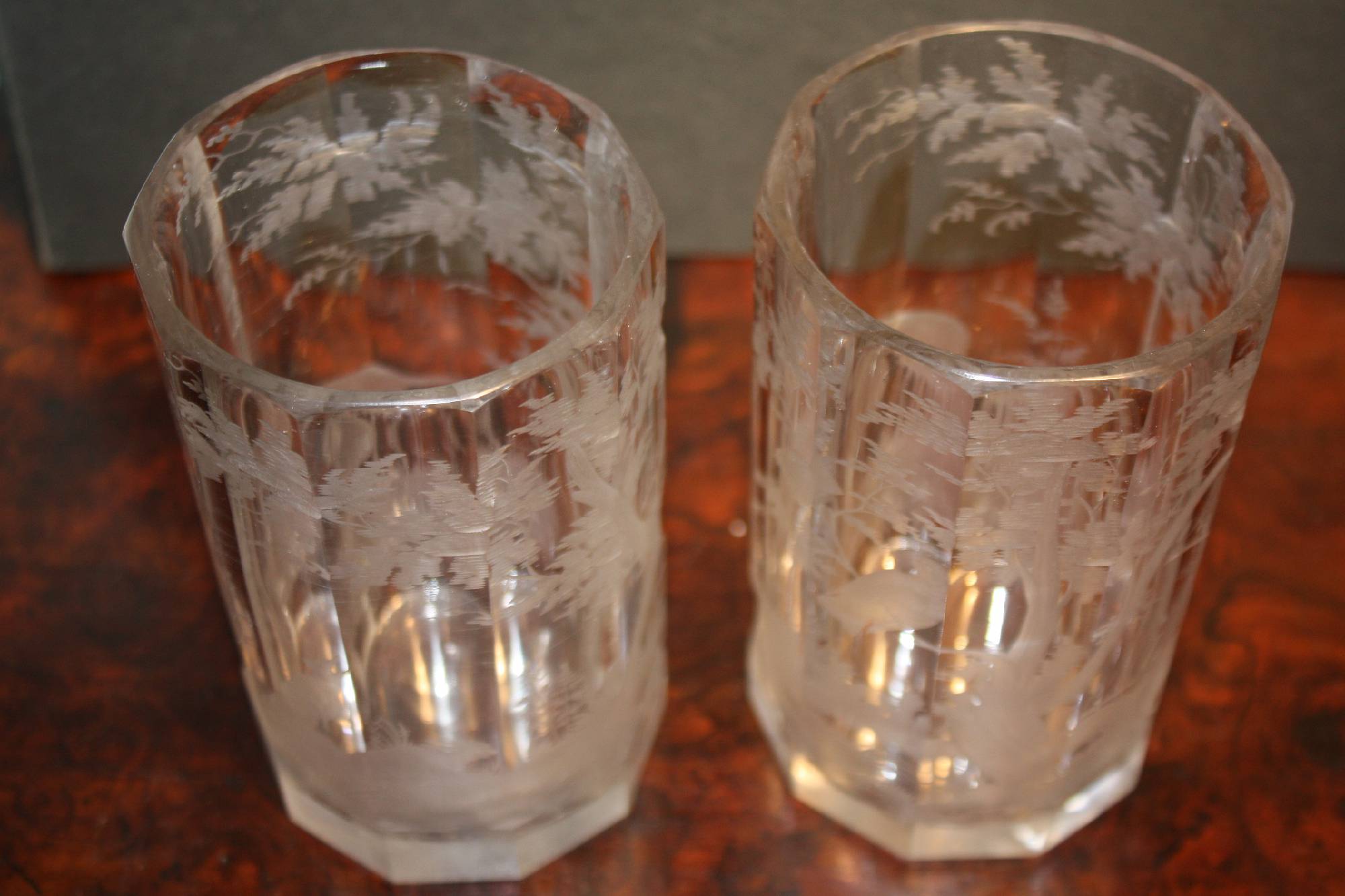 2 antique 1870's bohemian etched engraved hunting scene deer beaker