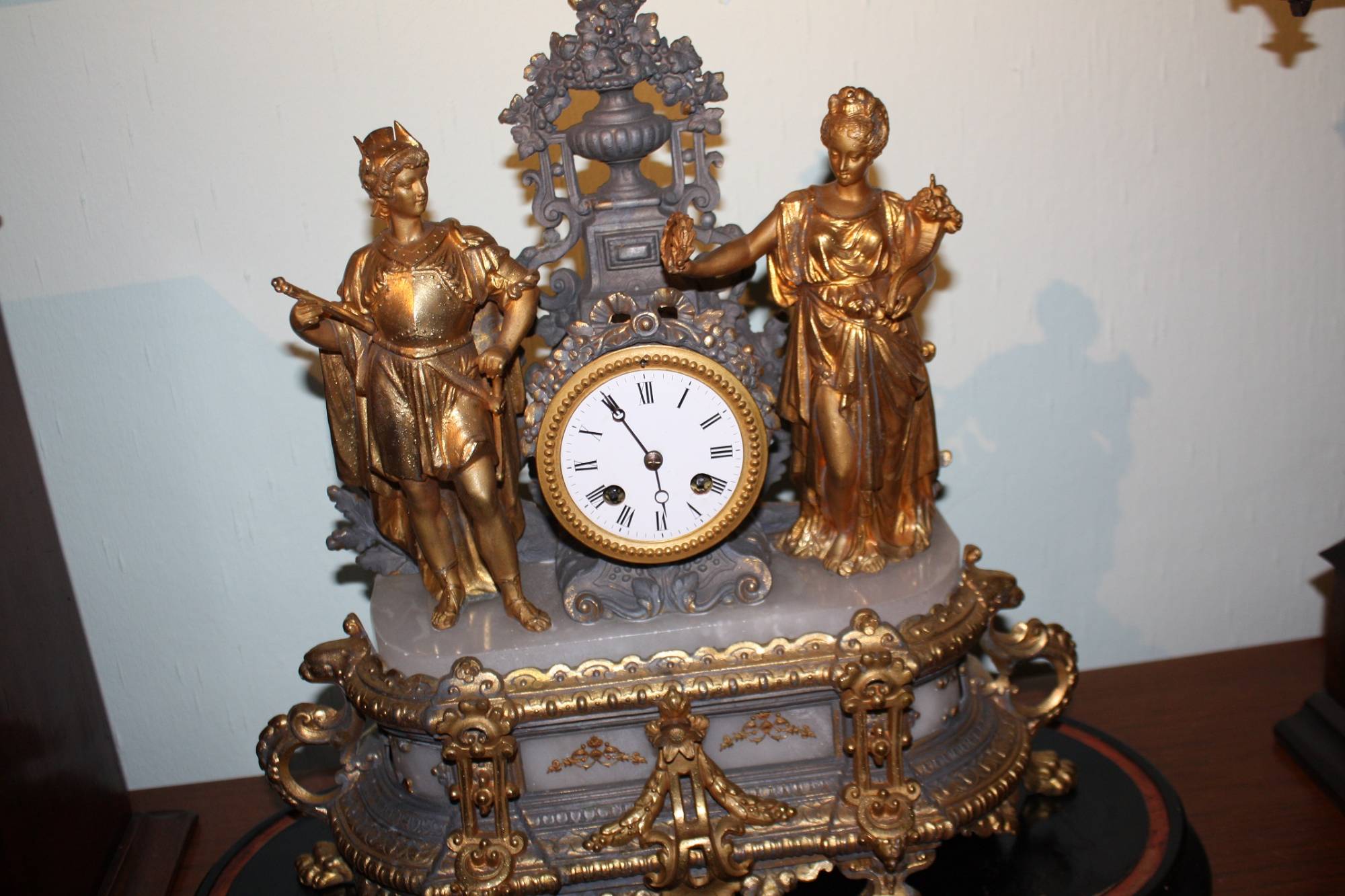 Impressive antique French figural gold, cast metal 1900 mantel clock