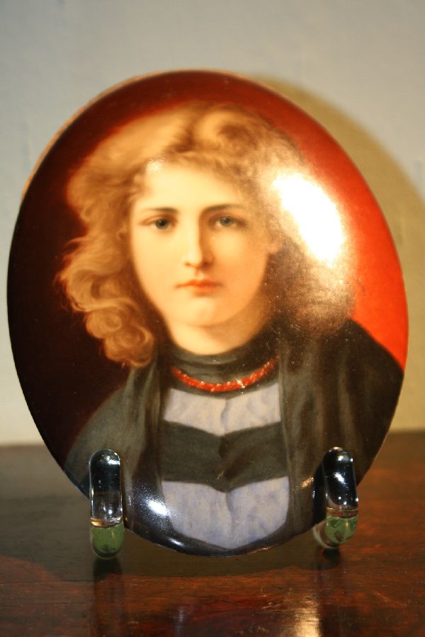 1900 Art Nouveau young woman's portrait painting on porcelain, signed 'KPM', Berlin