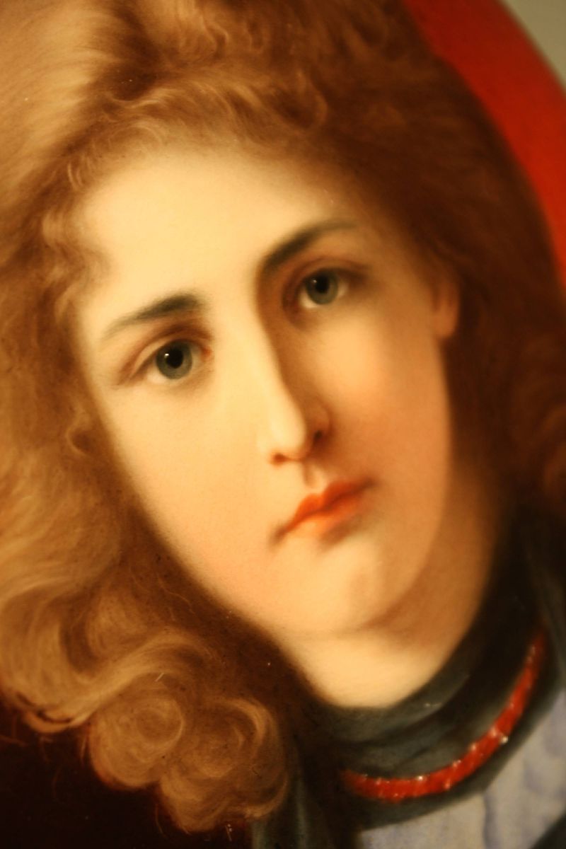 Antique oval 1900 Art Nouveau young woman's portrait painting on porcelain, signed 'KPM', Berlin