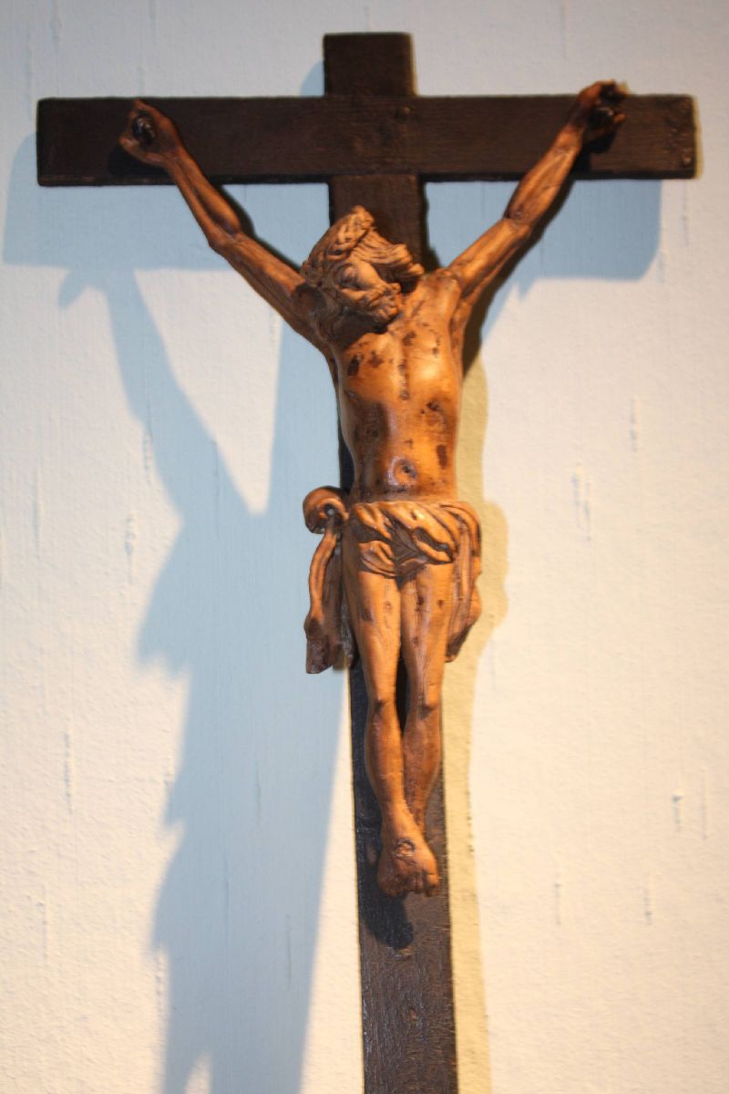 An old 1800 antique wooden handcarved Jesus Christ figure wall cross, crucifix 