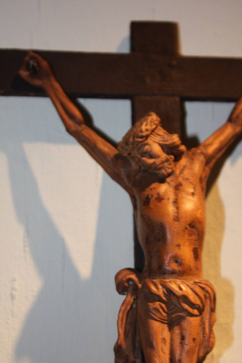 An old 1800 antique wooden handcarved Jesus Christ figure wall cross, crucifix 