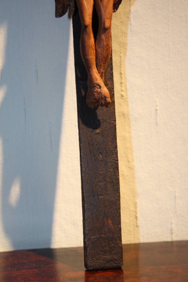 An old 1800 antique wooden handcarved Jesus Christ figure wall cross, crucifix 