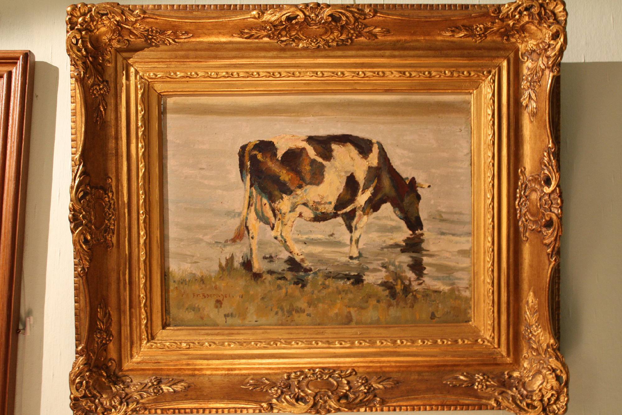 Impressionist early 20th century painting of a drinking cow, signed